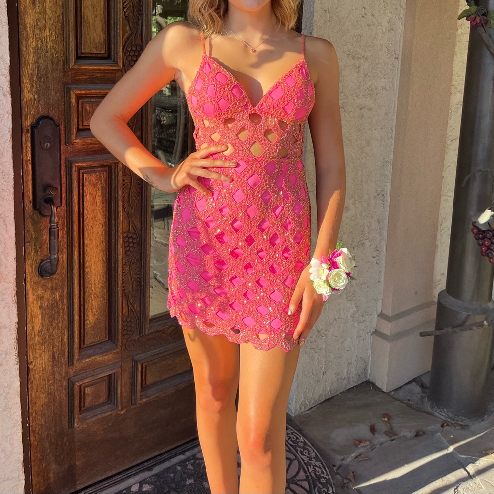 Hot pink/gold Mini Homecoming Dress